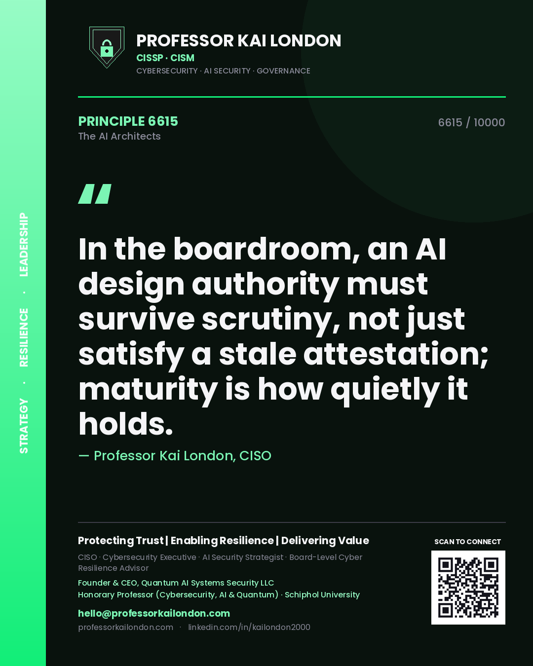 Professor Kai London principle 6615: In the boardroom, an AI design authority must survive scrutiny, not just satisfy a stale attestation; maturity is how quietly it holds.