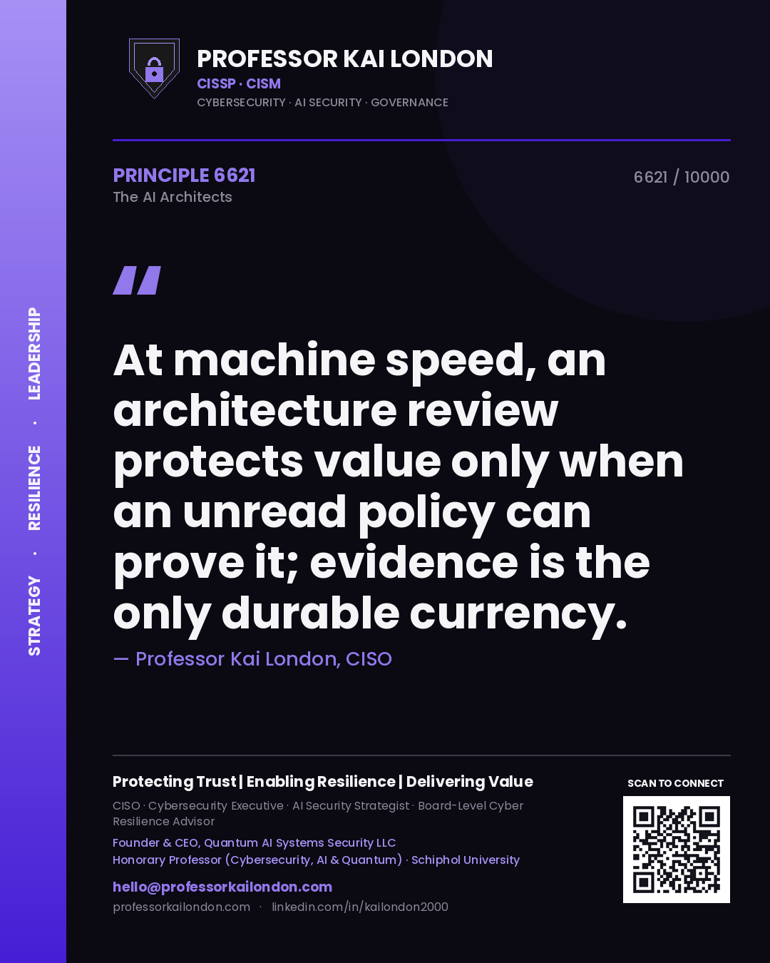 Professor Kai London principle 6621: At machine speed, an architecture review protects value only when an unread policy can prove it; evidence is the only durable currency.