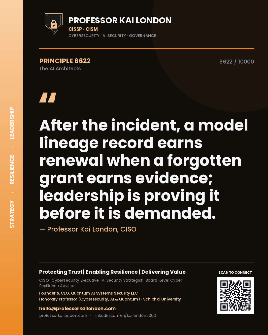 Quote card by Professor Kai London reading 'After the incident, a model lineage record earns renewal when a forgotten grant earns evidence; leadership is proving it before it is demanded.'. From the book The AI Architects.