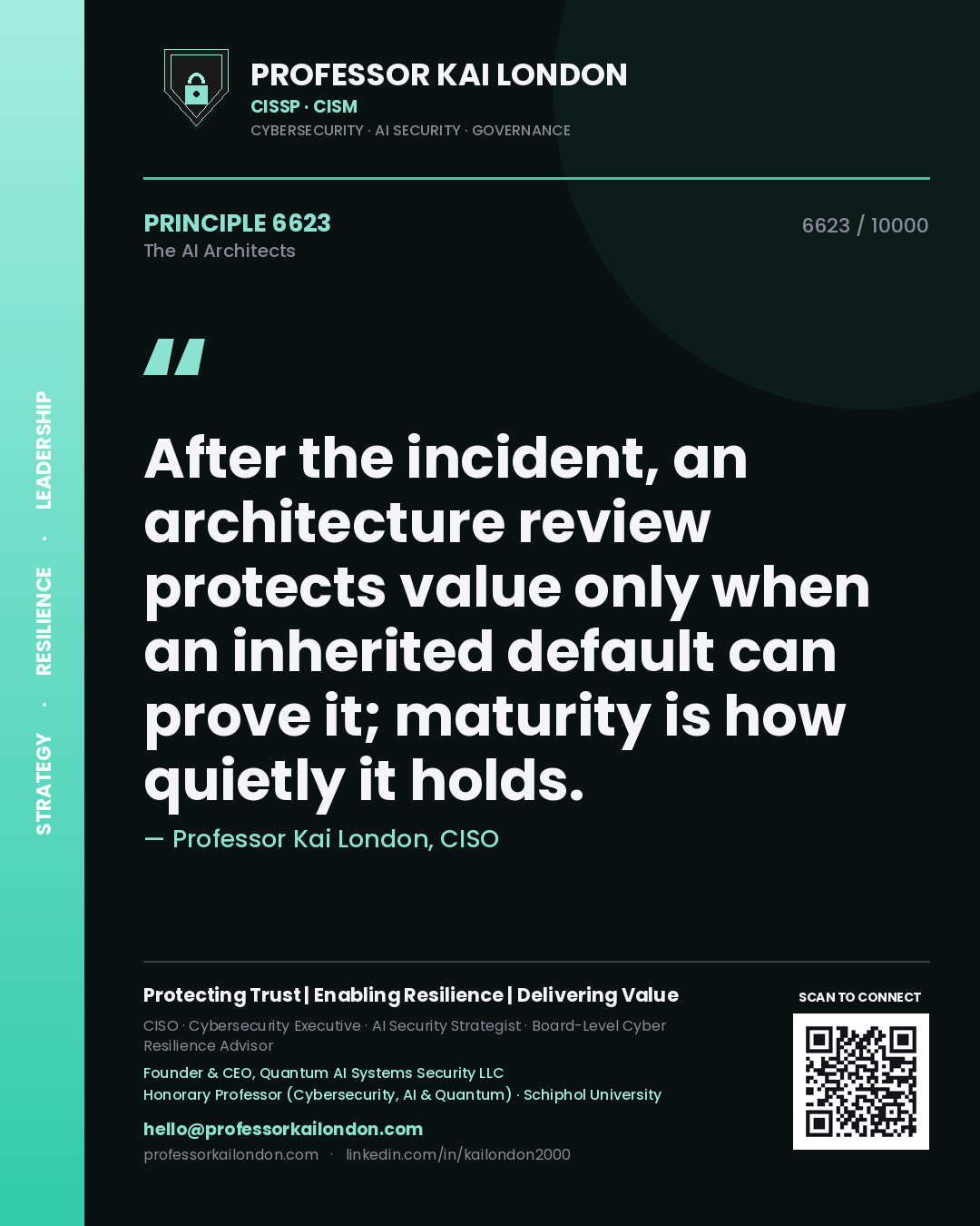 Professor Kai London principle 6623: After the incident, an architecture review protects value only when an inherited default can prove it; maturity is how quietly it holds.