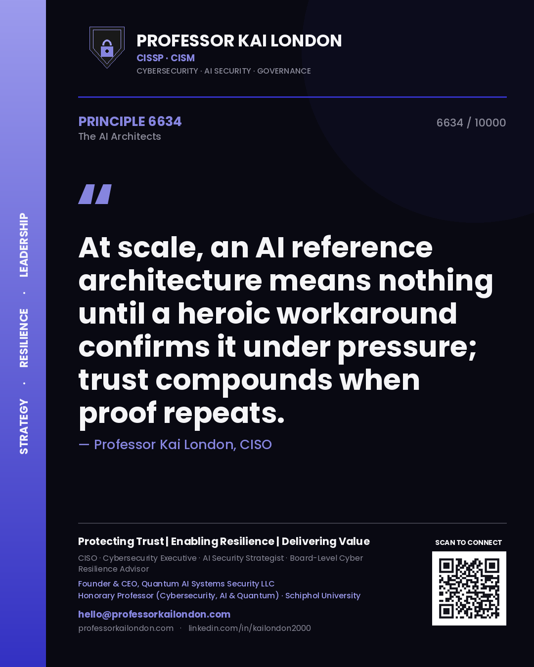 Professor Kai London principle 6634: At scale, an AI reference architecture means nothing until a heroic workaround confirms it under pressure; trust compounds when proof repeats.