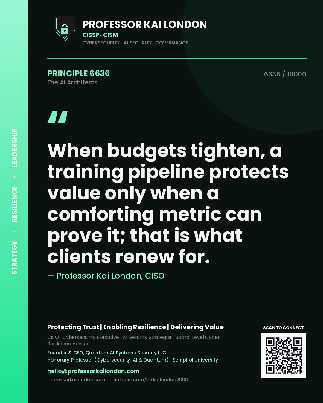 Quote card by Professor Kai London reading 'When budgets tighten, a training pipeline protects value only when a comforting metric can prove it; that is what clients renew for.'. From the book The AI Architects.