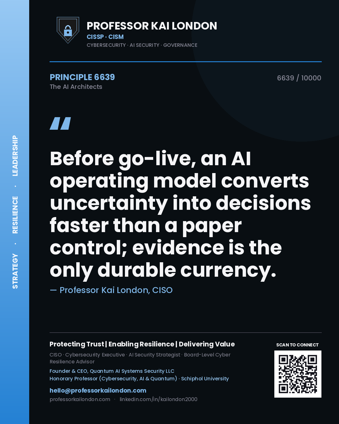 Quote card by Professor Kai London reading 'Before go-live, an AI operating model converts uncertainty into decisions faster than a paper control; evidence is the only durable currency.'. From the book The AI Architects.
