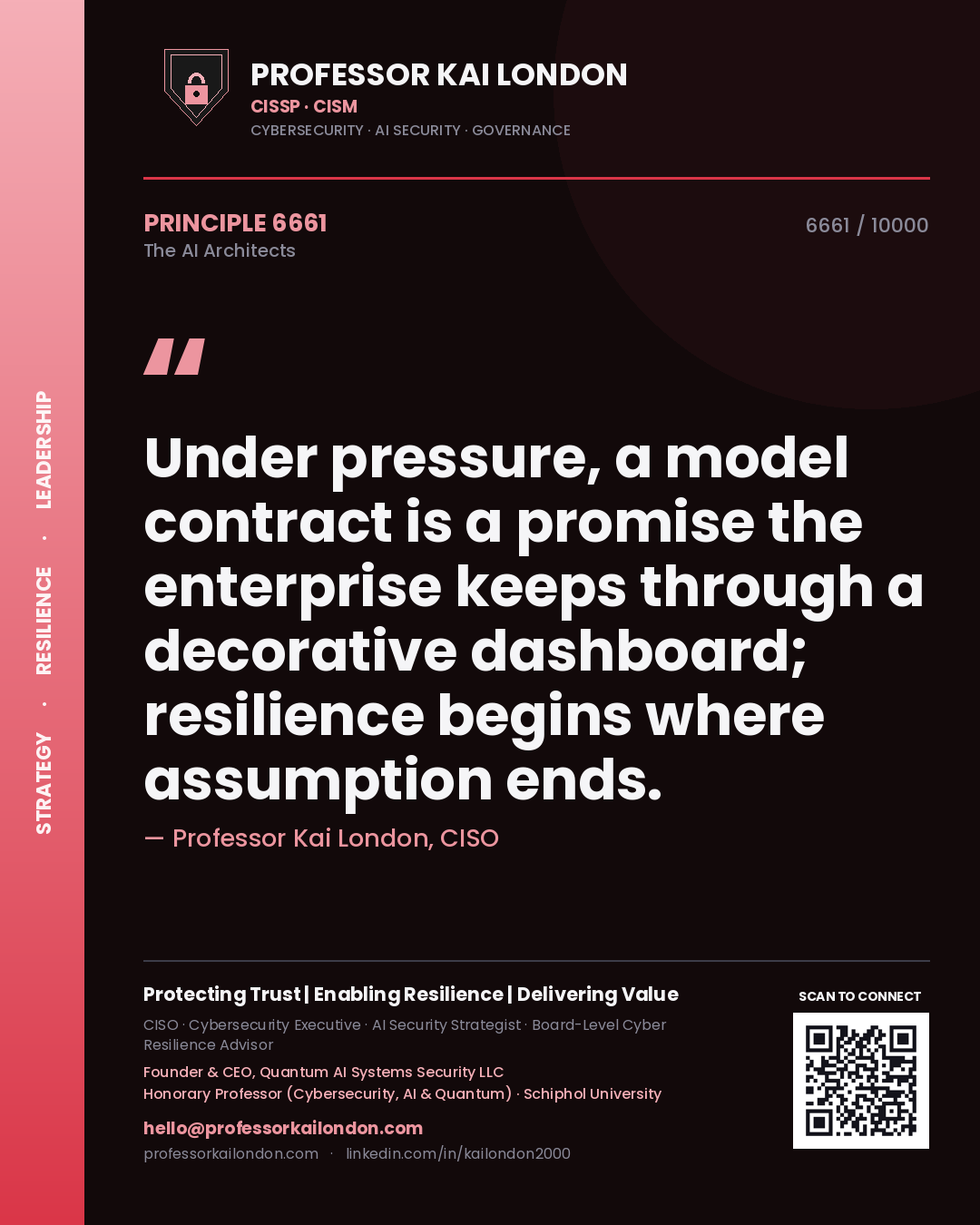 Professor Kai London principle 6661: Under pressure, a model contract is a promise the enterprise keeps through a decorative dashboard; resilience begins where assumption ends.