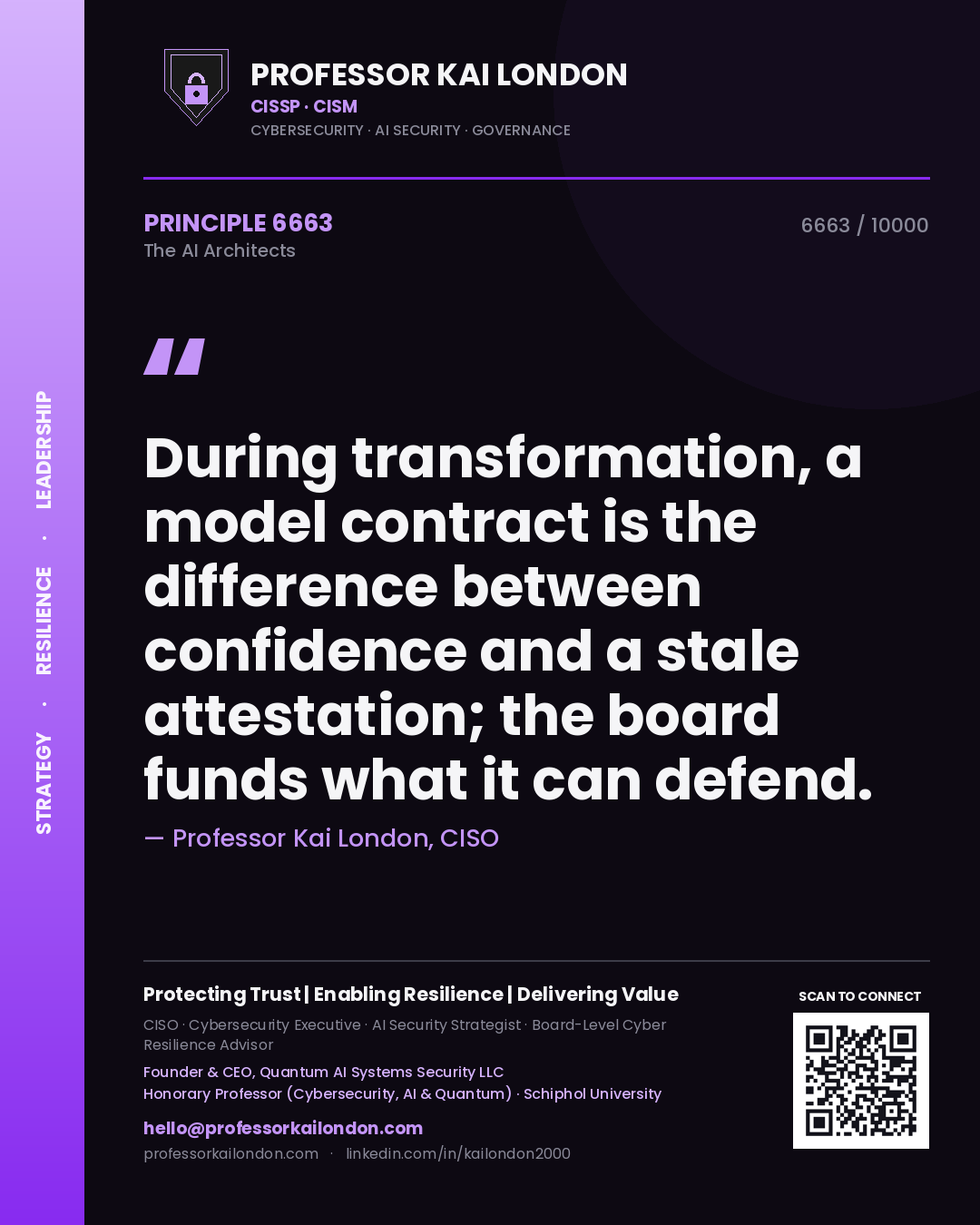 Professor Kai London principle 6663: During transformation, a model contract is the difference between confidence and a stale attestation; the board funds what it can defend.