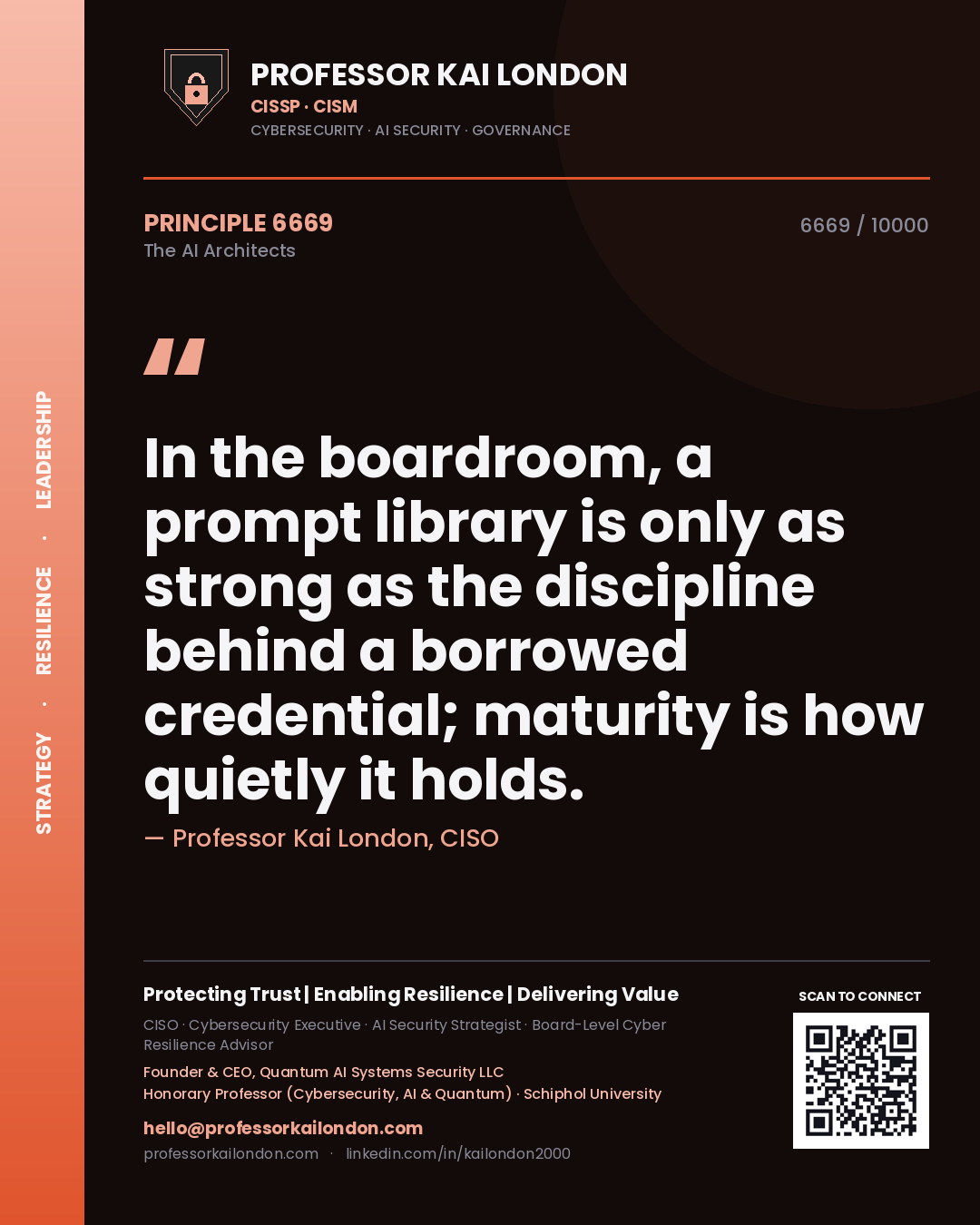 Professor Kai London principle 6669: In the boardroom, a prompt library is only as strong as the discipline behind a borrowed credential; maturity is how quietly it holds.