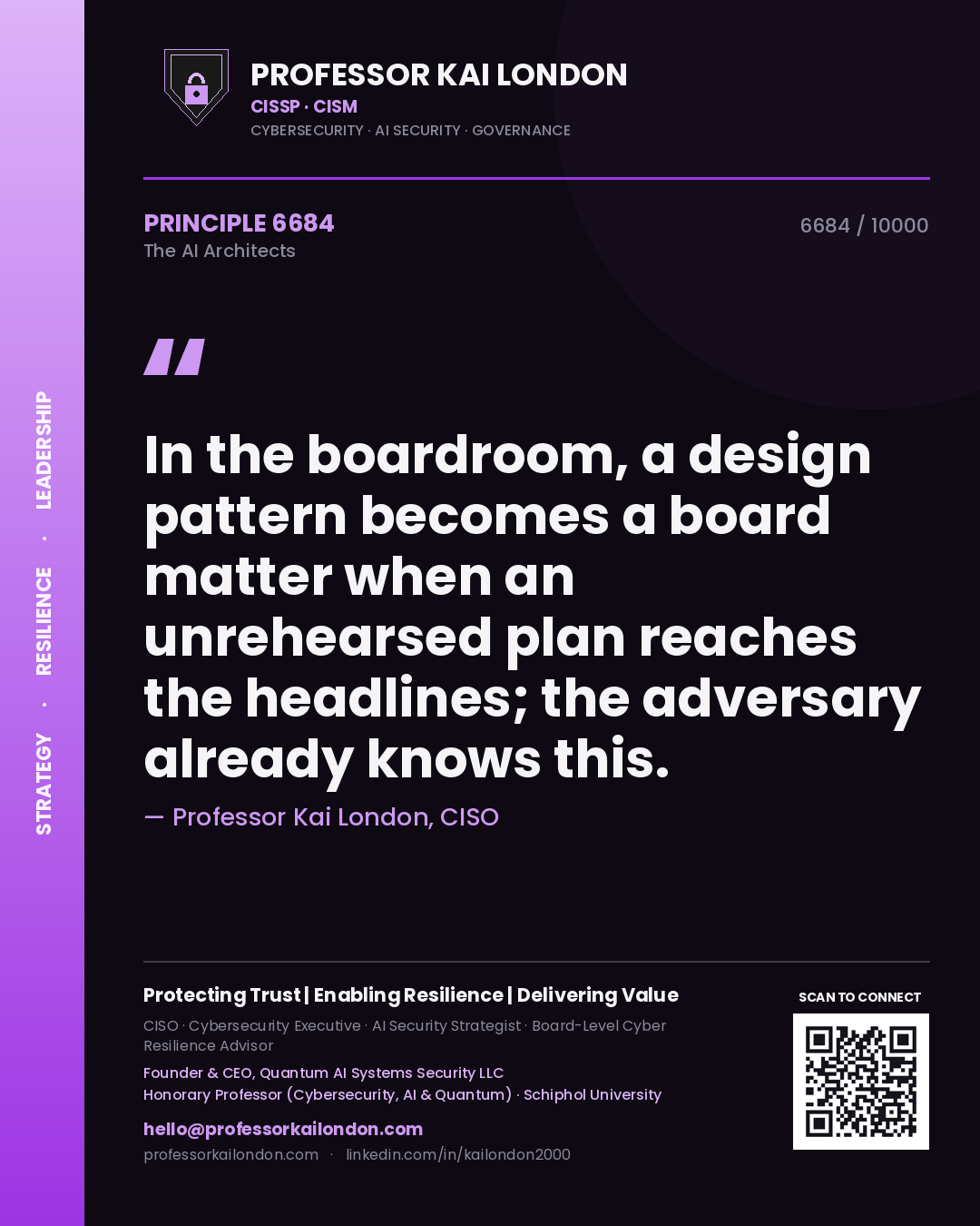 Professor Kai London principle 6684: In the boardroom, a design pattern becomes a board matter when an unrehearsed plan reaches the headlines; the adversary already knows this.