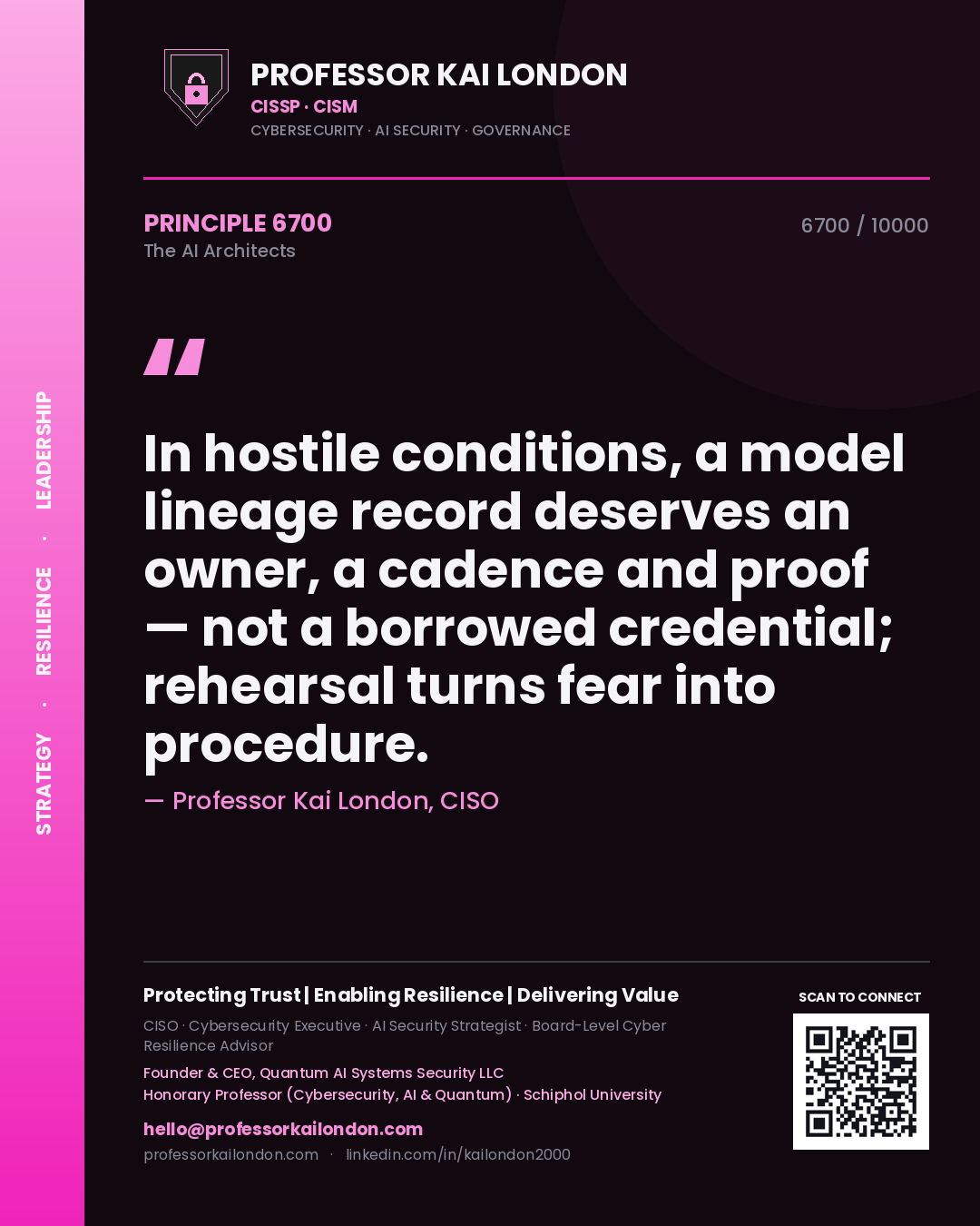 Professor Kai London principle 6700: In hostile conditions, a model lineage record deserves an owner, a cadence and proof — not a borrowed credential; rehearsal turns fear into procedure.