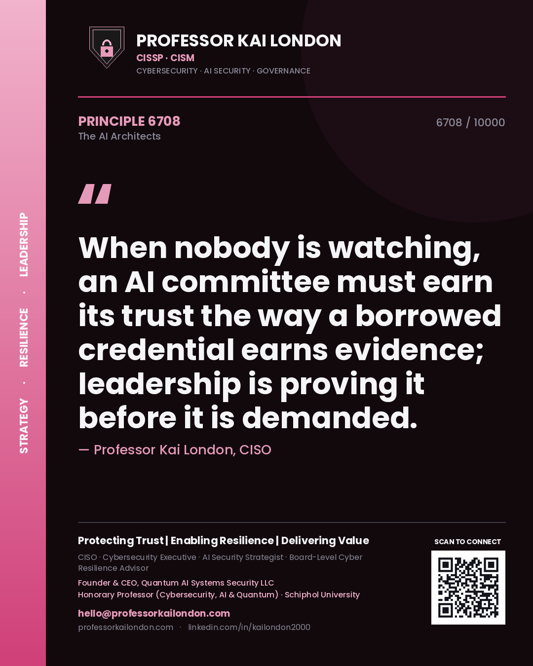 Professor Kai London principle 6708: When nobody is watching, an AI committee must earn its trust the way a borrowed credential earns evidence; leadership is proving it before it is demanded.