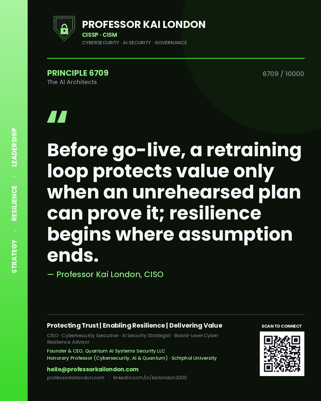 Professor Kai London principle 6709: Before go-live, a retraining loop protects value only when an unrehearsed plan can prove it; resilience begins where assumption ends.