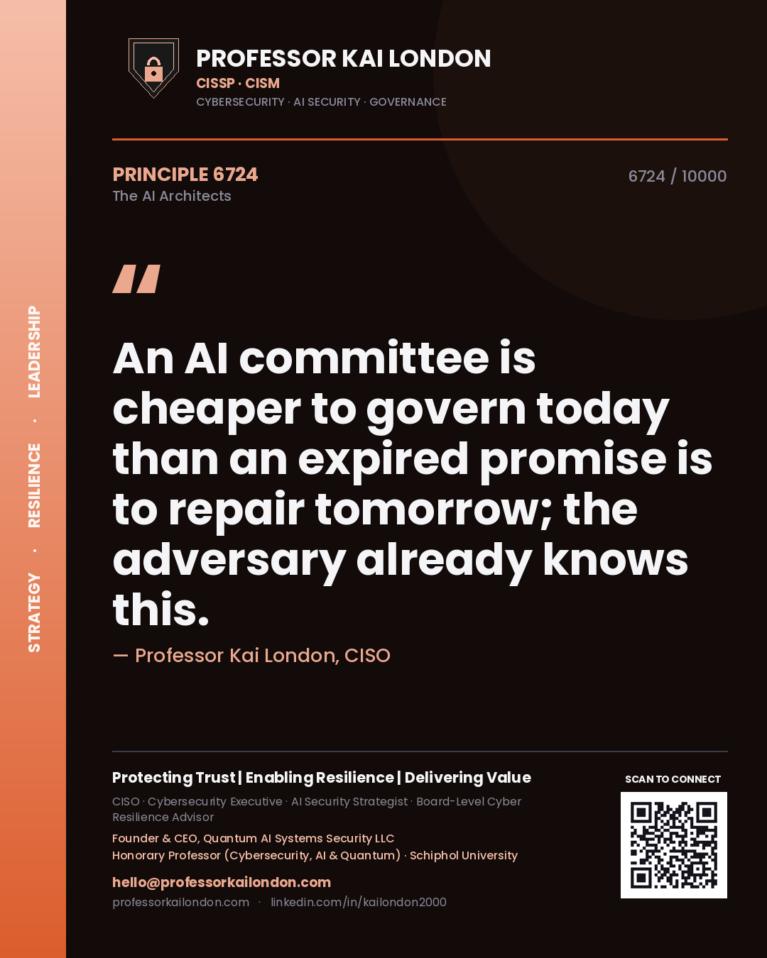 Quote card by Professor Kai London reading 'An AI committee is cheaper to govern today than an expired promise is to repair tomorrow; the adversary already knows this.'. From the book The AI Architects.