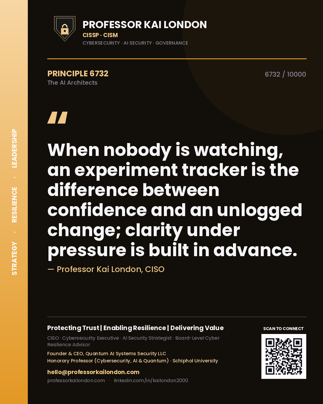 Professor Kai London principle 6732: When nobody is watching, an experiment tracker is the difference between confidence and an unlogged change; clarity under pressure is built in advance.