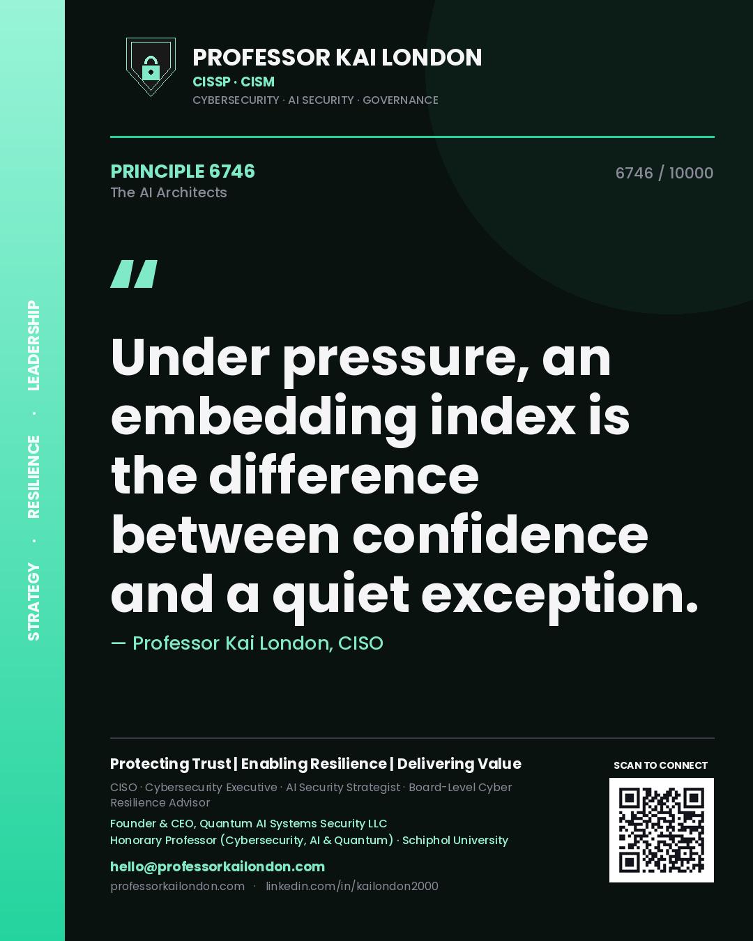 Quote card by Professor Kai London reading 'Under pressure, an embedding index is the difference between confidence and a quiet exception.'. From the book The AI Architects.