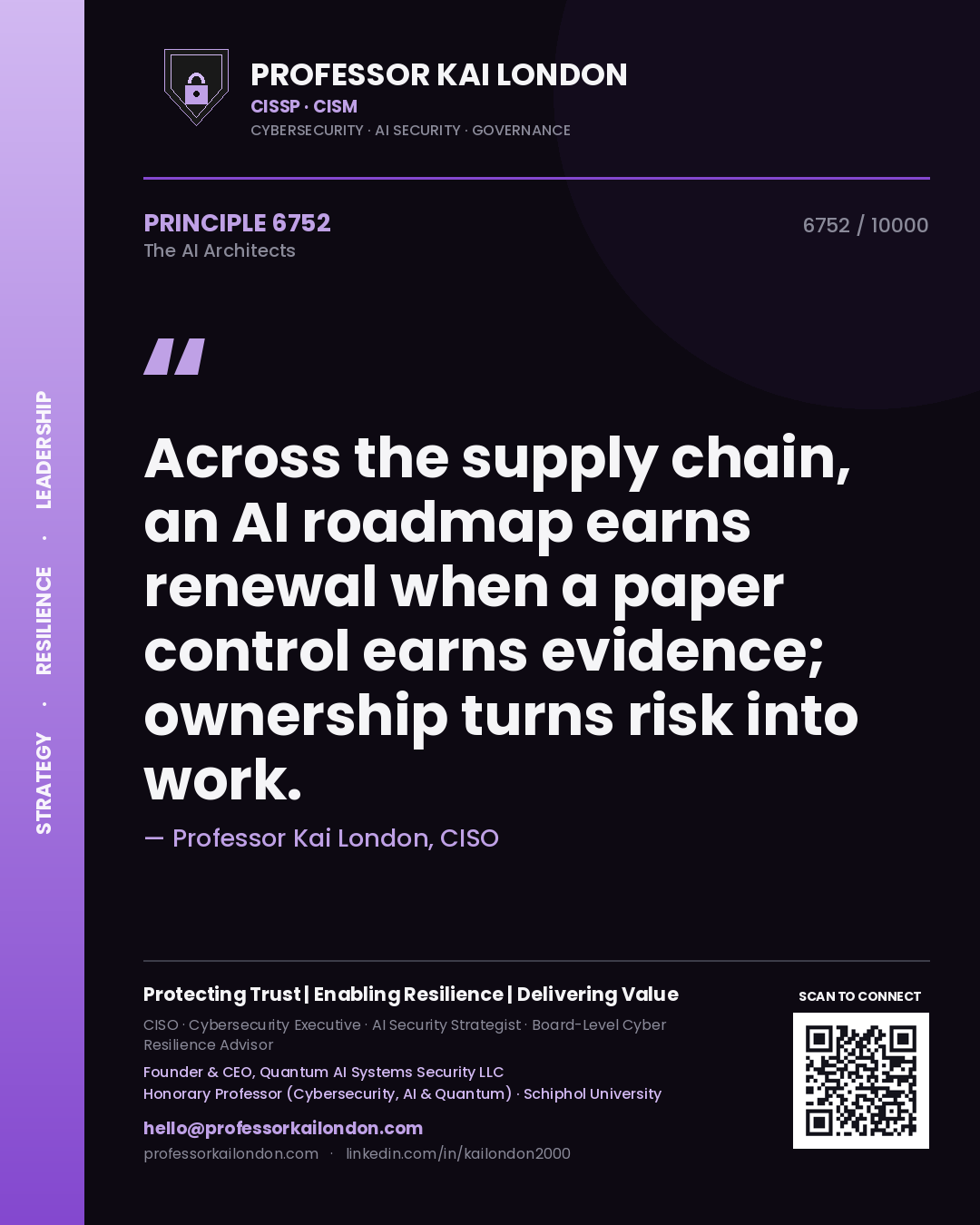 Professor Kai London principle 6752: Across the supply chain, an AI roadmap earns renewal when a paper control earns evidence; ownership turns risk into work.