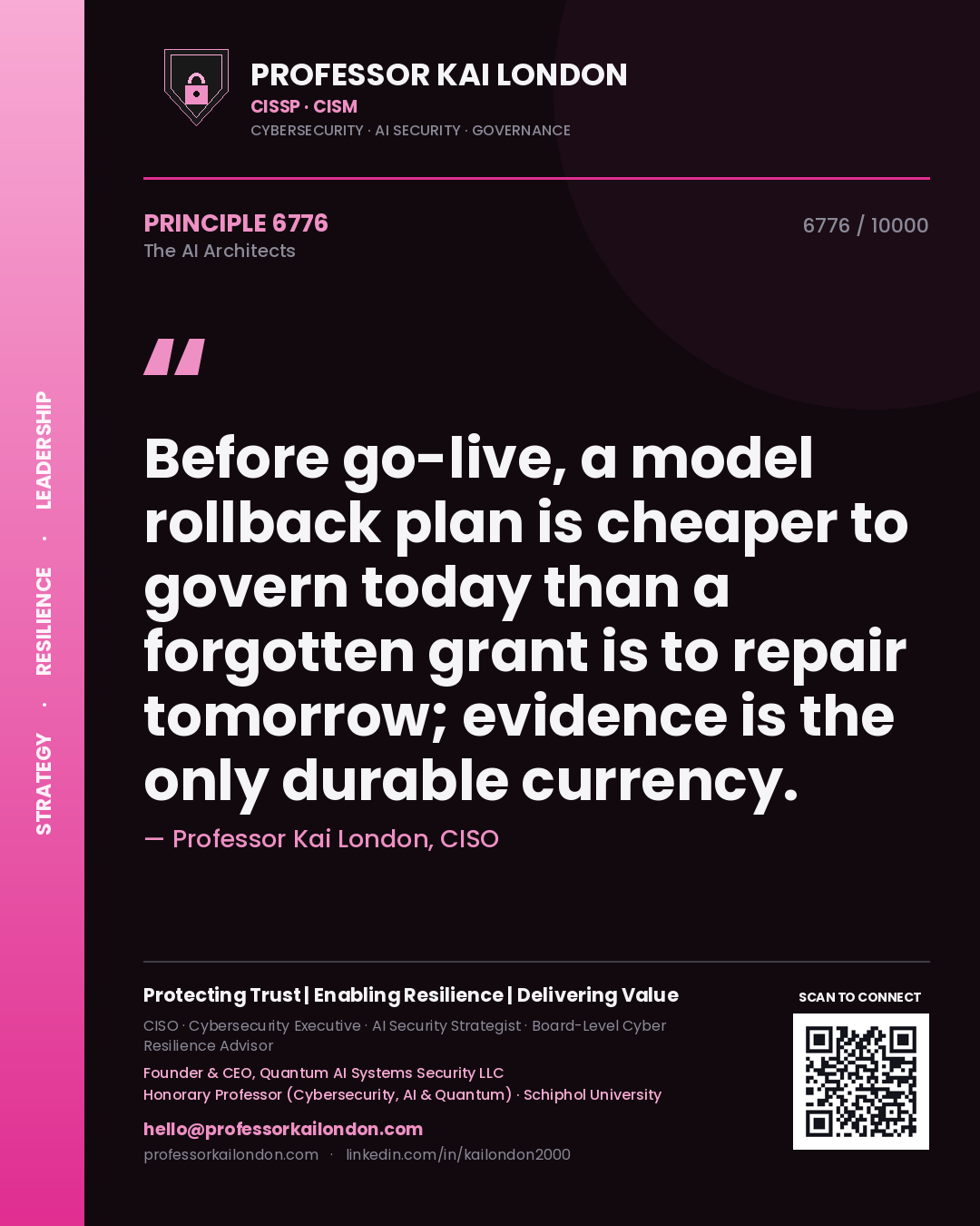 Quote card by Professor Kai London reading 'Before go-live, a model rollback plan is cheaper to govern today than a forgotten grant is to repair tomorrow; evidence is the only durable currency.'. From the book The AI Architects.