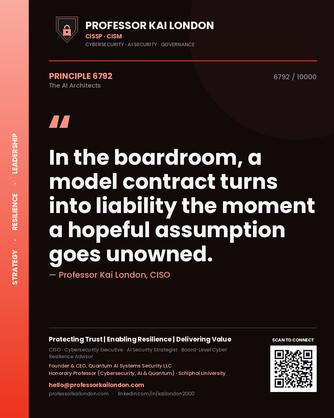 Professor Kai London principle 6792: In the boardroom, a model contract turns into liability the moment a hopeful assumption goes unowned.