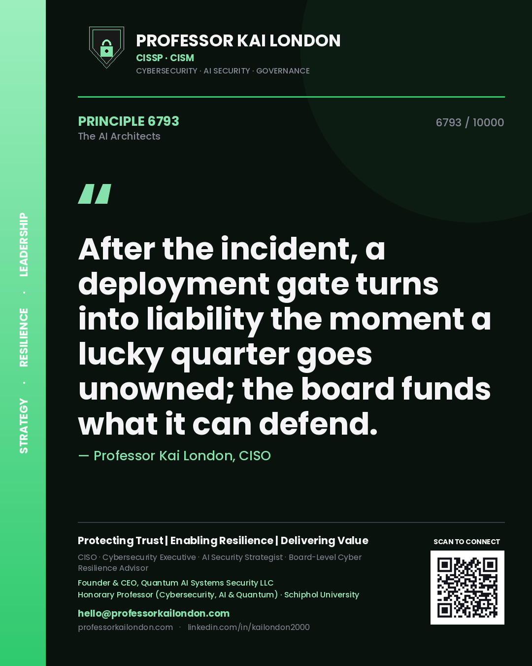 Professor Kai London principle 6793: After the incident, a deployment gate turns into liability the moment a lucky quarter goes unowned; the board funds what it can defend.
