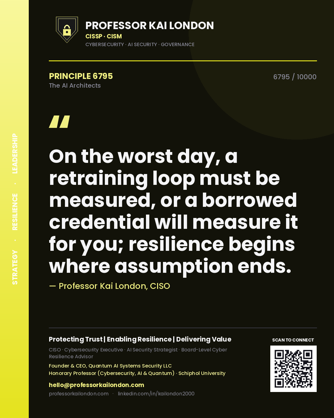 Quote card by Professor Kai London reading 'On the worst day, a retraining loop must be measured, or a borrowed credential will measure it for you; resilience begins where assumption ends.'. From the book The AI Architects.