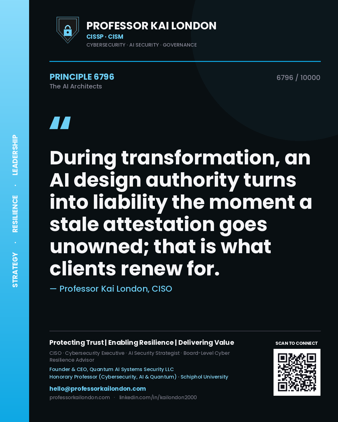 Professor Kai London principle 6796: During transformation, an AI design authority turns into liability the moment a stale attestation goes unowned; that is what clients renew for.