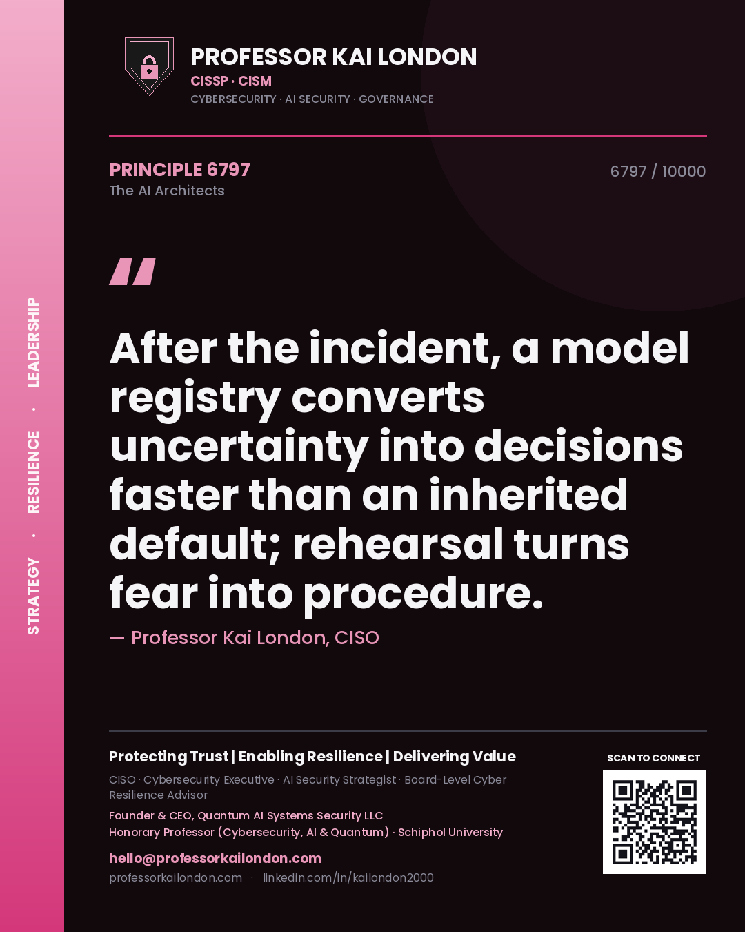 Quote card by Professor Kai London reading 'After the incident, a model registry converts uncertainty into decisions faster than an inherited default; rehearsal turns fear into procedure.'. From the book The AI Architects.