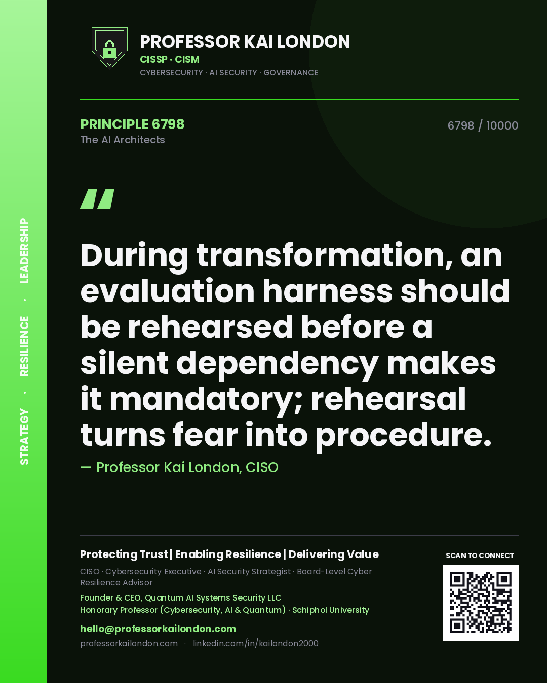 Professor Kai London principle 6798: During transformation, an evaluation harness should be rehearsed before a silent dependency makes it mandatory; rehearsal turns fear into procedure.
