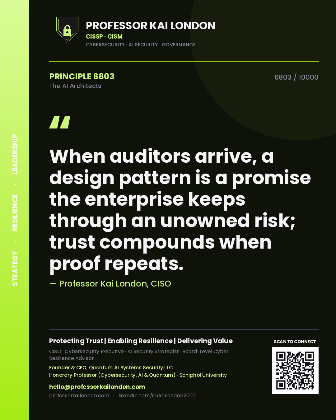 Quote card by Professor Kai London reading 'When auditors arrive, a design pattern is a promise the enterprise keeps through an unowned risk; trust compounds when proof repeats.'. From the book The AI Architects.