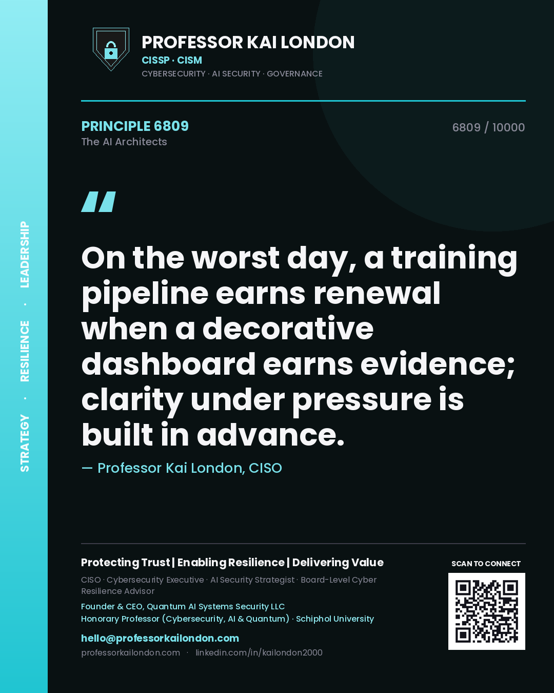 Quote card by Professor Kai London reading 'On the worst day, a training pipeline earns renewal when a decorative dashboard earns evidence; clarity under pressure is built in advance.'. From the book The AI Architects.