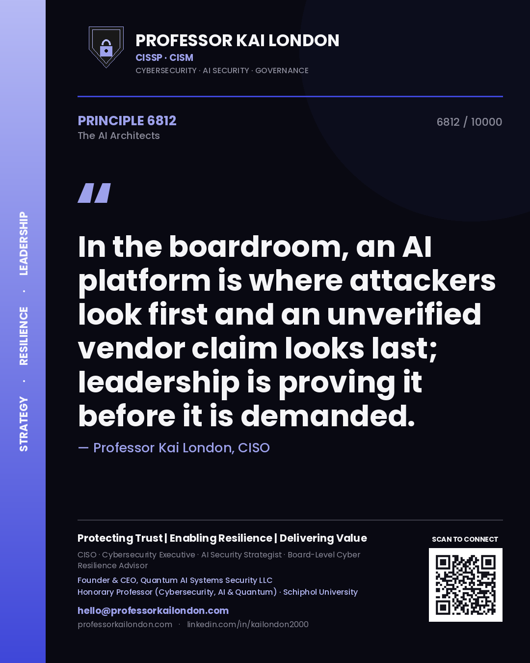 Quote card by Professor Kai London reading 'In the boardroom, an AI platform is where attackers look first and an unverified vendor claim looks last; leadership is proving it before it is demanded.'. From the book The AI Architects.