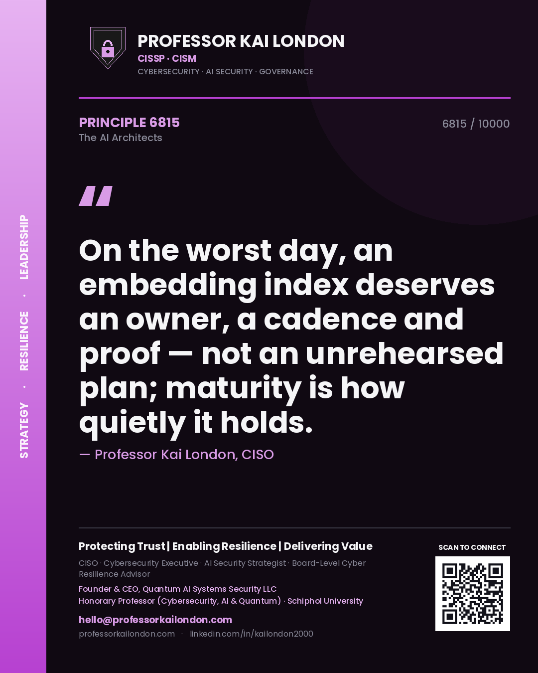 Quote card by Professor Kai London reading 'On the worst day, an embedding index deserves an owner, a cadence and proof — not an unrehearsed plan; maturity is how quietly it holds.'. From the book The AI Architects.