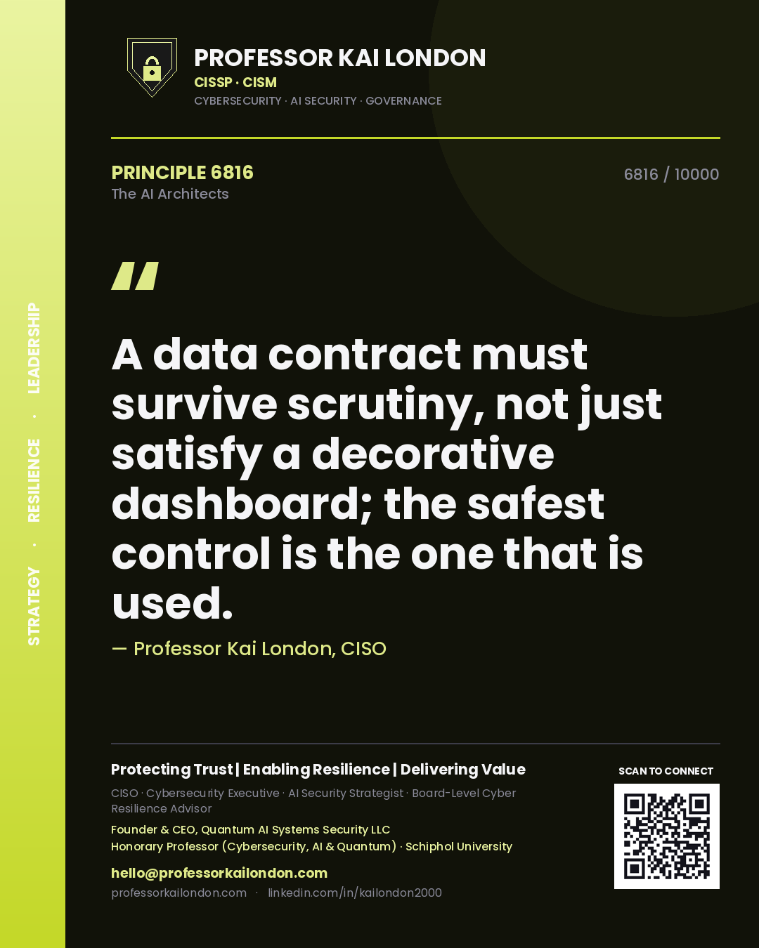 Quote card by Professor Kai London reading 'A data contract must survive scrutiny, not just satisfy a decorative dashboard; the safest control is the one that is used.'. From the book The AI Architects.