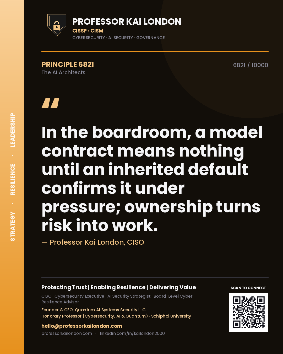 Quote card by Professor Kai London reading 'In the boardroom, a model contract means nothing until an inherited default confirms it under pressure; ownership turns risk into work.'. From the book The AI Architects.