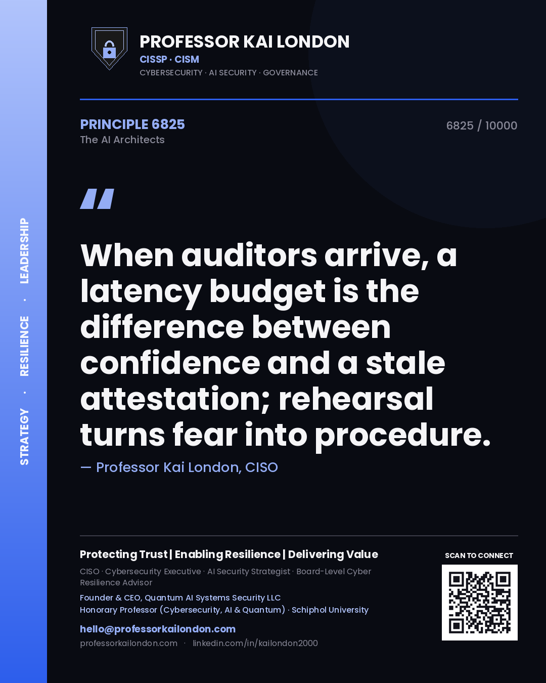 Quote card by Professor Kai London reading 'When auditors arrive, a latency budget is the difference between confidence and a stale attestation; rehearsal turns fear into procedure.'. From the book The AI Architects.
