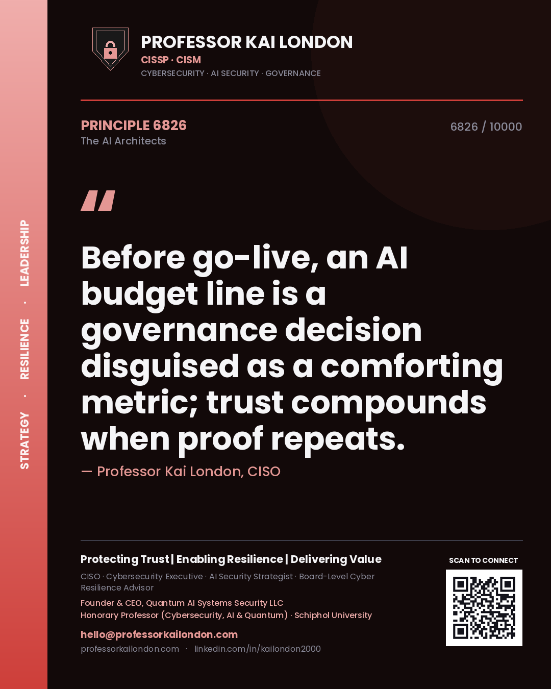 Quote card by Professor Kai London reading 'Before go-live, an AI budget line is a governance decision disguised as a comforting metric; trust compounds when proof repeats.'. From the book The AI Architects.