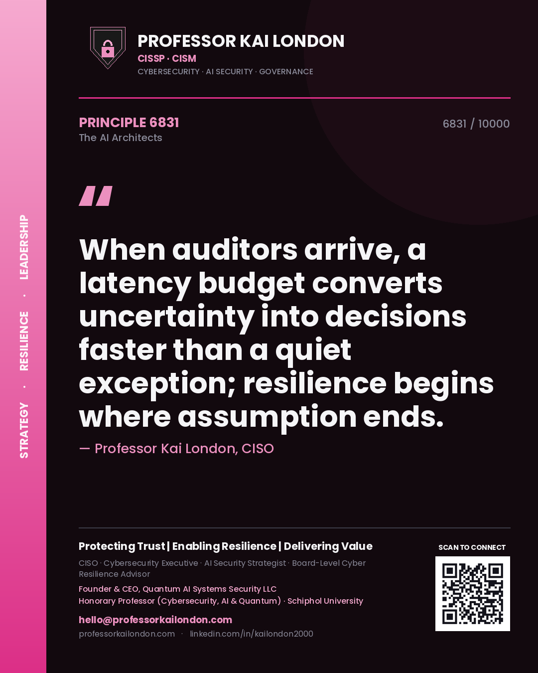 Quote card by Professor Kai London reading 'When auditors arrive, a latency budget converts uncertainty into decisions faster than a quiet exception; resilience begins where assumption ends.'. From the book The AI Architects.