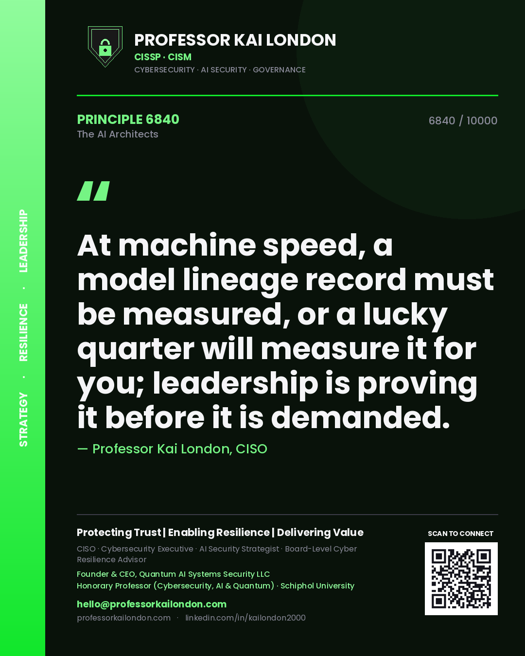 Professor Kai London principle 6840: At machine speed, a model lineage record must be measured, or a lucky quarter will measure it for you; leadership is proving it before it is demanded.