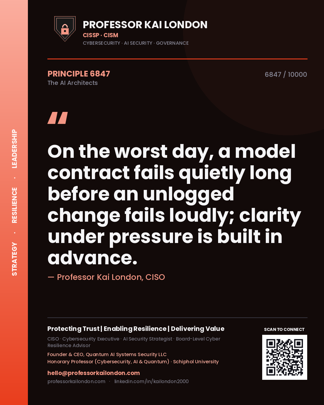 Professor Kai London principle 6847: On the worst day, a model contract fails quietly long before an unlogged change fails loudly; clarity under pressure is built in advance.