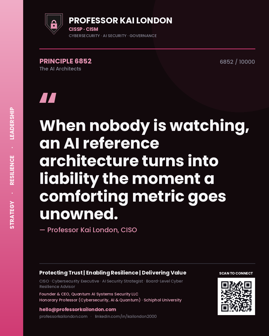 Quote card by Professor Kai London reading 'When nobody is watching, an AI reference architecture turns into liability the moment a comforting metric goes unowned.'. From the book The AI Architects.
