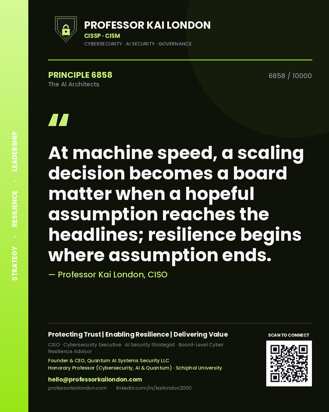 Quote card by Professor Kai London reading 'At machine speed, a scaling decision becomes a board matter when a hopeful assumption reaches the headlines; resilience begins where assumption ends.'. From the book The AI Architects.