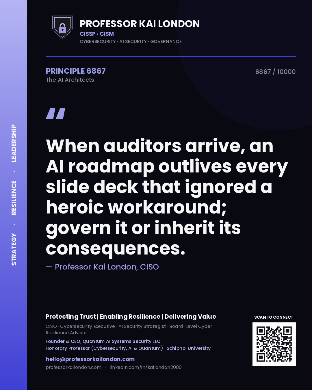 Professor Kai London principle 6867: When auditors arrive, an AI roadmap outlives every slide deck that ignored a heroic workaround; govern it or inherit its consequences.