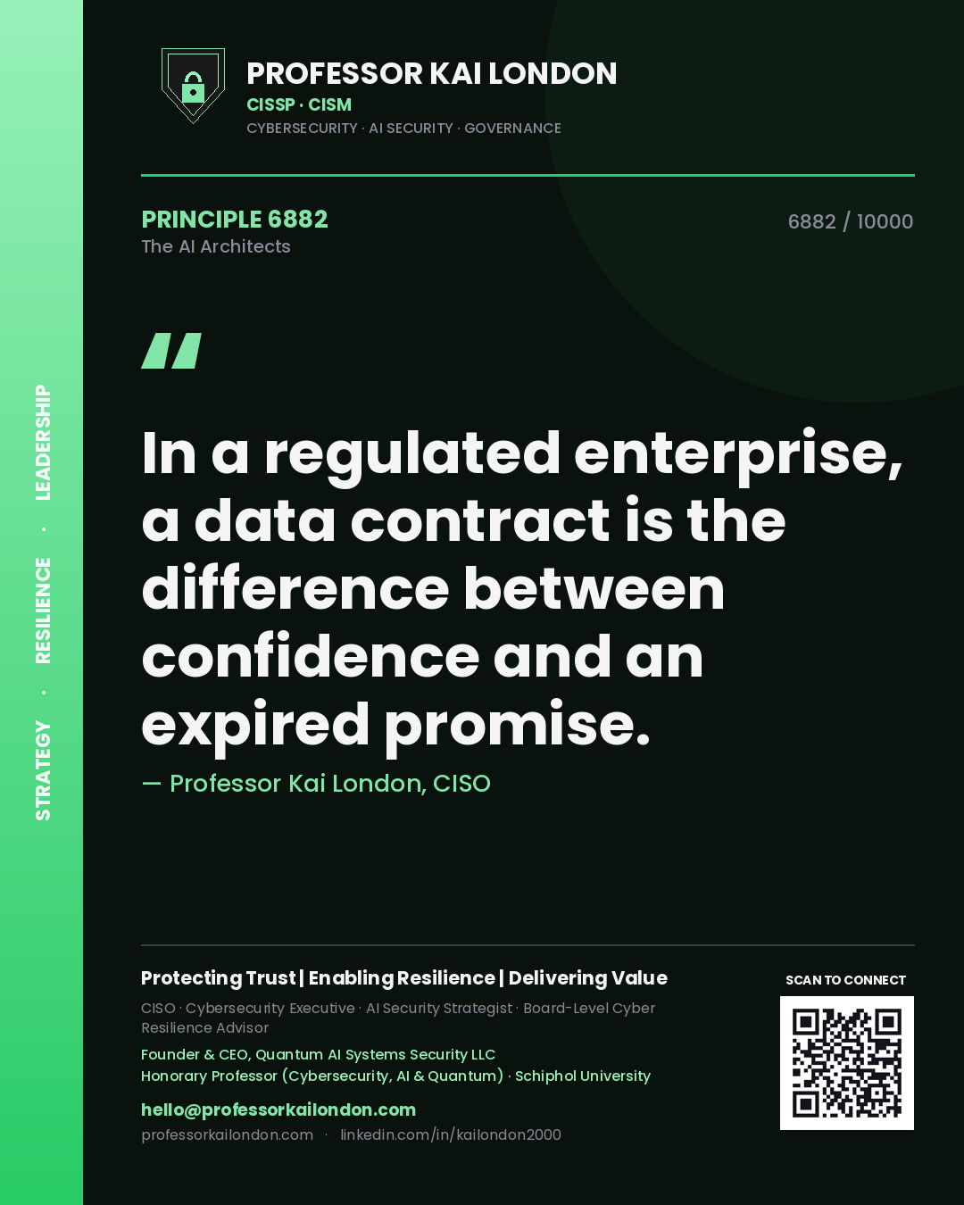 Quote card by Professor Kai London reading 'In a regulated enterprise, a data contract is the difference between confidence and an expired promise.'. From the book The AI Architects.