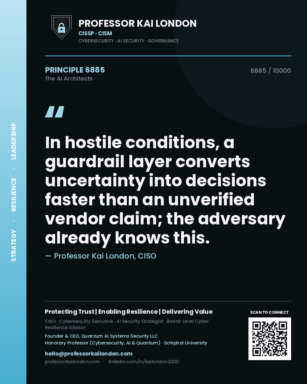 Quote card by Professor Kai London reading 'In hostile conditions, a guardrail layer converts uncertainty into decisions faster than an unverified vendor claim; the adversary already knows this.'. From the book The AI Architects.