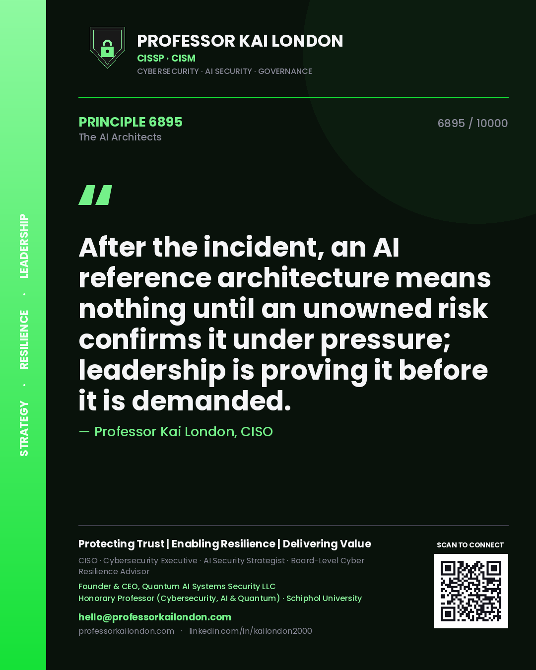 Quote card by Professor Kai London reading 'After the incident, an AI reference architecture means nothing until an unowned risk confirms it under pressure; leadership is proving it before it is demanded.'. From the book The AI Architects.