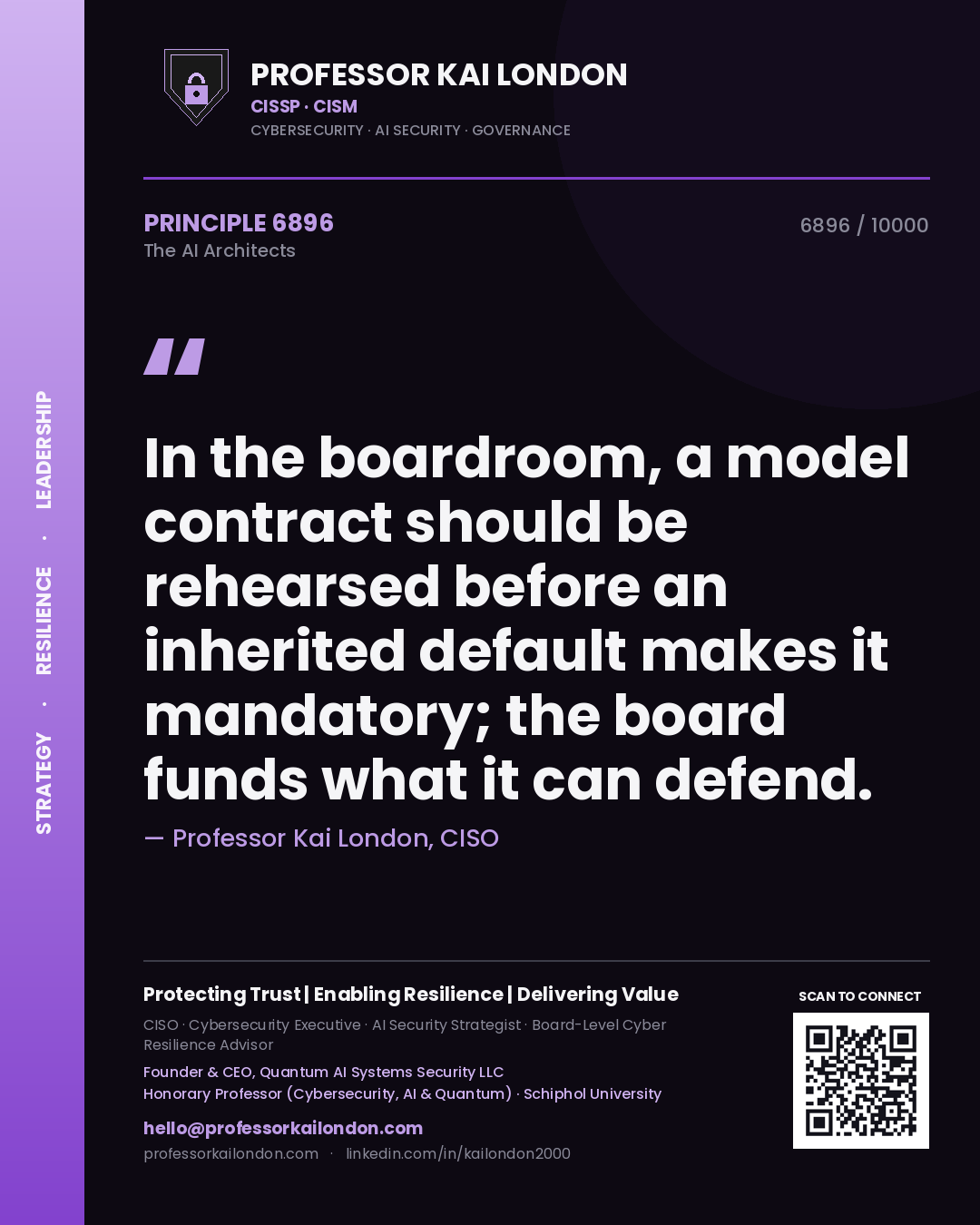 Professor Kai London principle 6896: In the boardroom, a model contract should be rehearsed before an inherited default makes it mandatory; the board funds what it can defend.