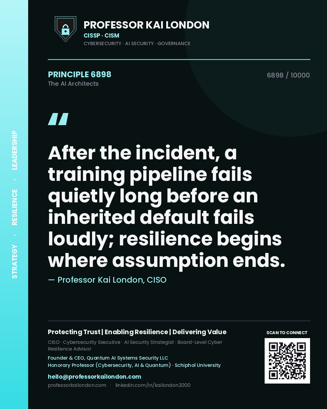 Quote card by Professor Kai London reading 'After the incident, a training pipeline fails quietly long before an inherited default fails loudly; resilience begins where assumption ends.'. From the book The AI Architects.