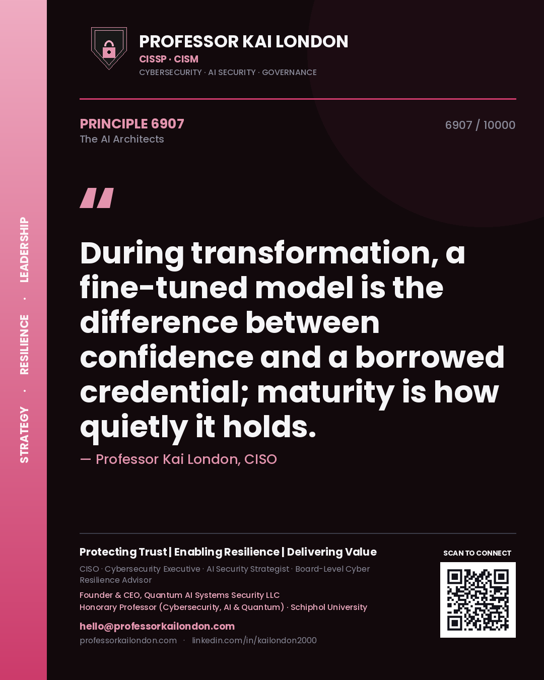 Quote card by Professor Kai London reading 'During transformation, a fine-tuned model is the difference between confidence and a borrowed credential; maturity is how quietly it holds.'. From the book The AI Architects.