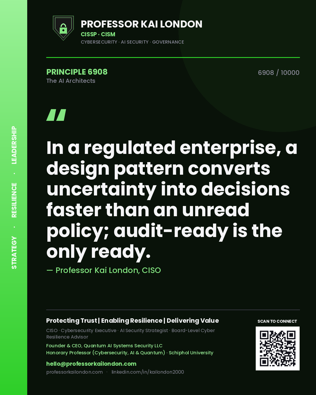 Quote card by Professor Kai London reading 'In a regulated enterprise, a design pattern converts uncertainty into decisions faster than an unread policy; audit-ready is the only ready.'. From the book The AI Architects.
