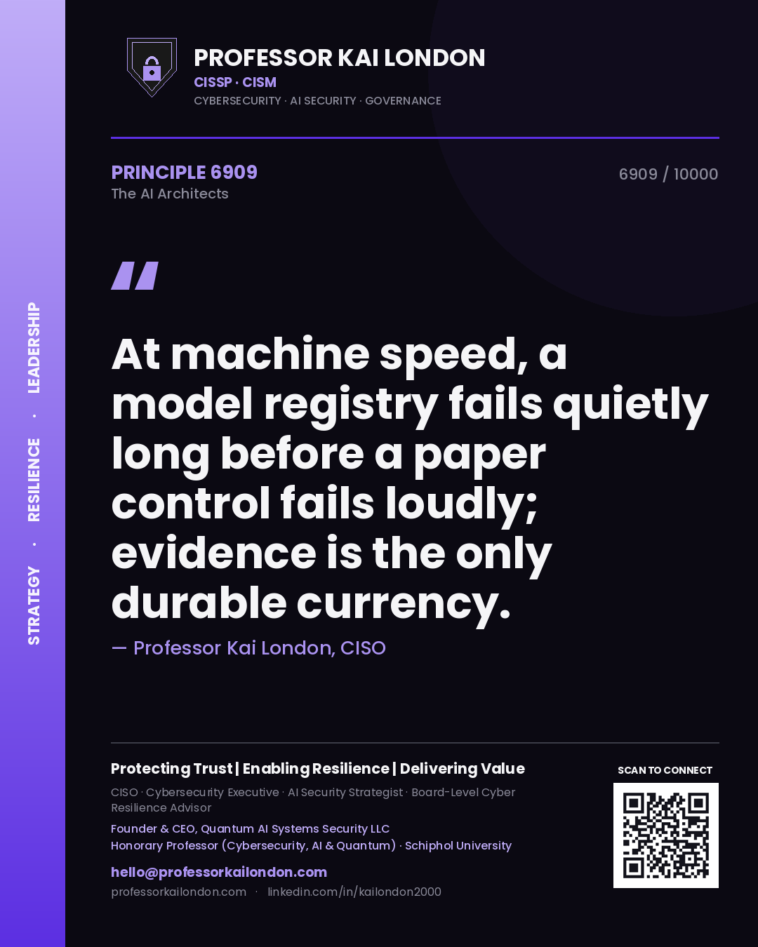 Quote card by Professor Kai London reading 'At machine speed, a model registry fails quietly long before a paper control fails loudly; evidence is the only durable currency.'. From the book The AI Architects.