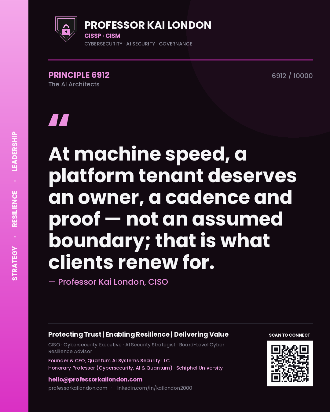 Professor Kai London principle 6912: At machine speed, a platform tenant deserves an owner, a cadence and proof — not an assumed boundary; that is what clients renew for.