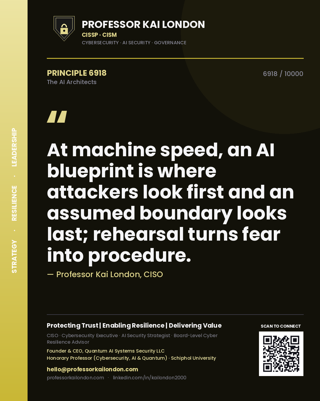 Professor Kai London principle 6918: At machine speed, an AI blueprint is where attackers look first and an assumed boundary looks last; rehearsal turns fear into procedure.