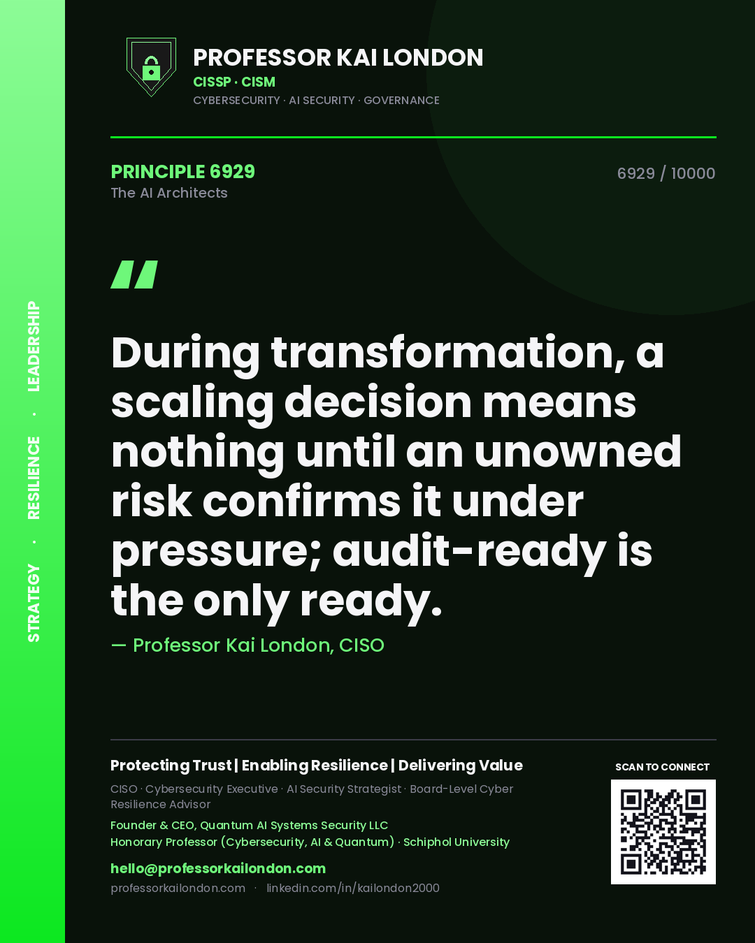 Quote card by Professor Kai London reading 'During transformation, a scaling decision means nothing until an unowned risk confirms it under pressure; audit-ready is the only ready.'. From the book The AI Architects.